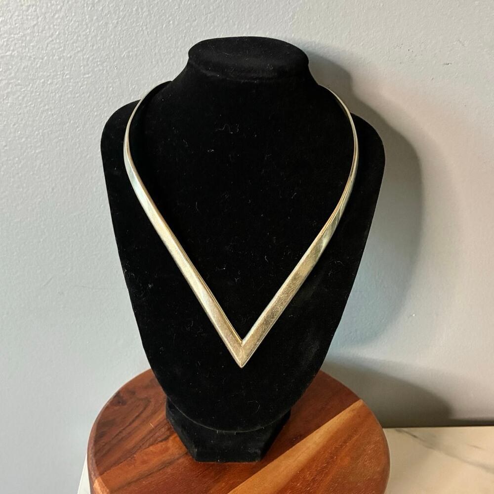 Mexican Sterling Silver V-Shaped Collar Necklace 29g Artisan Statement Piece